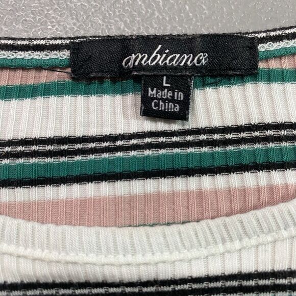 AMBIANCE Cropped Top Striped Ribbed Round Neck Lettuce Edge Short Sleeve L Boho - Picture 3 of 8